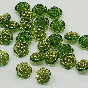 Plastikinė sagutė, žalia/auksinė rožytė, 12mm, 1vnt 02971