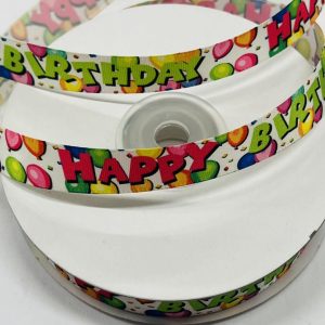 Spalvota atlasinė juostelė „Happy birthday”, 15mm, 1m XCEP09
