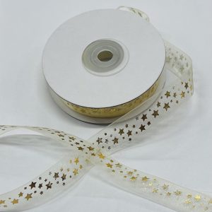 Gelsva organzos juostelė „Auksinės žvaigždutės”, 15mm, 1m CP2411/032